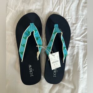 NWT JCREW Embroidered palm tree blue flip flops.  Size 11